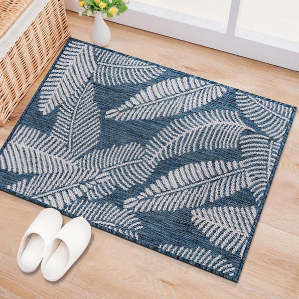 World Rug Gallery Distressed Palm Leaves Textured Flat Weave Indoor/Outdoor Area Rug 2' x 3' Navy 114NAVY2X3 - main